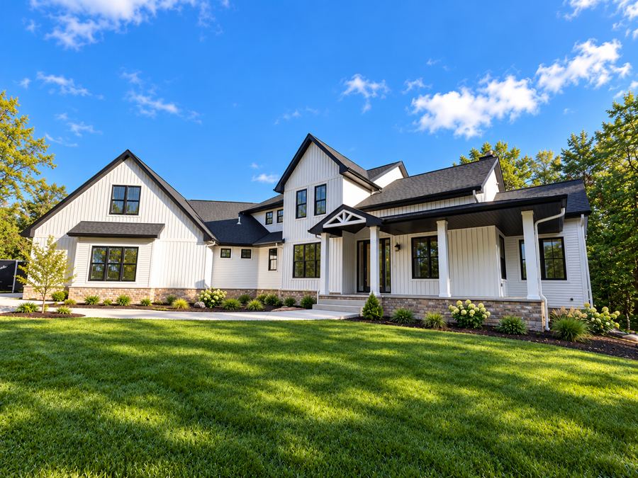 White modern farmhouse with black trim and a wide front porch